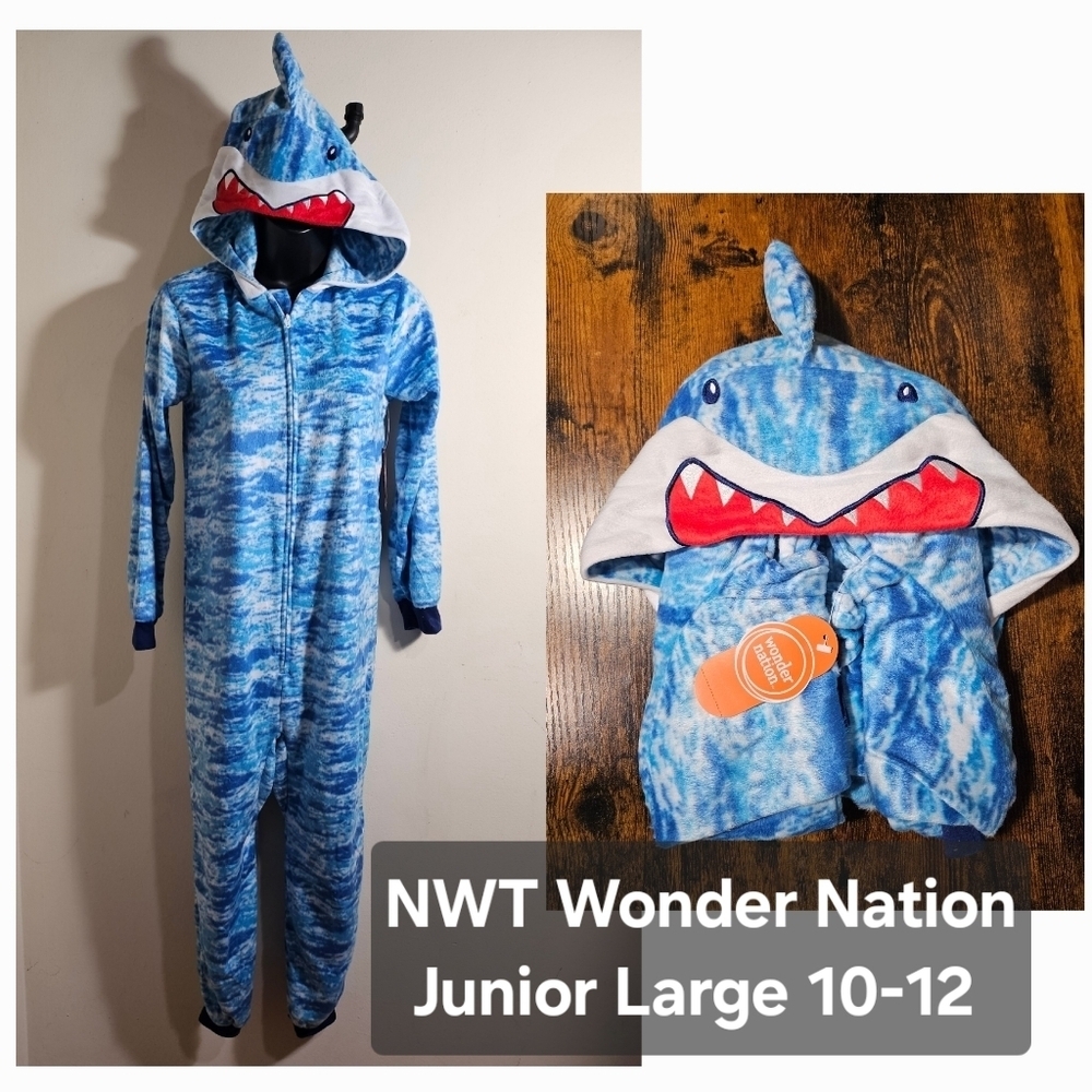 NEW Wonder Nation Blue Shark Juniors Onesie Hooded 10-12 - Picture 3 of 11